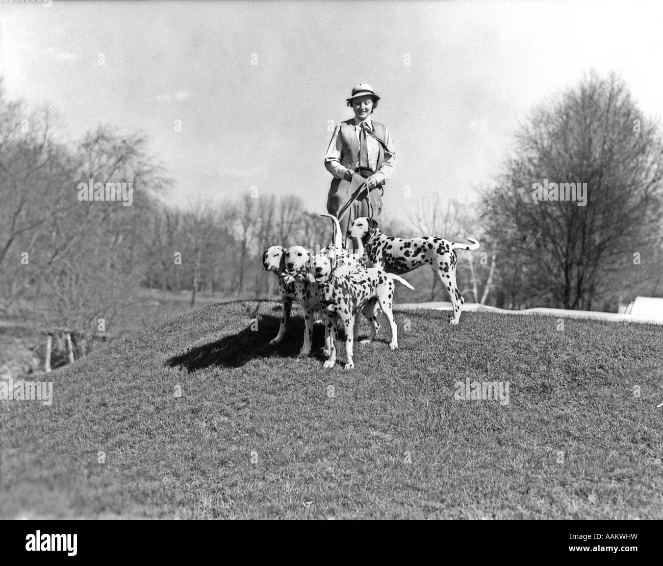1930s donna sorridente a piedi legato quattro cani dalmata Foto Stock