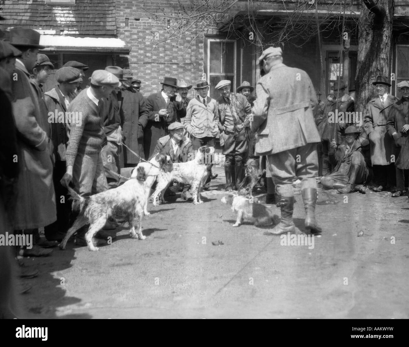 1920s 1930 cani da caccia e i proprietari assemblati per prove sul campo di fronte all edificio in mattoni Foto Stock