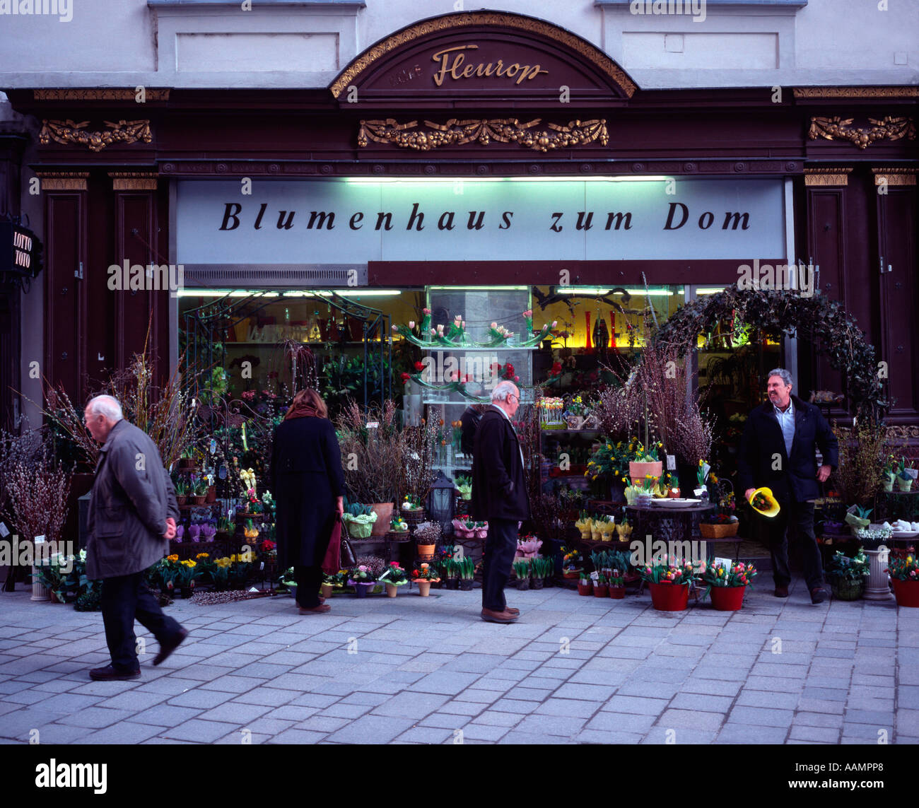 Gli amanti dello shopping navigando in un negozio di fiori in St Stephansplatz vicino alla cattedrale, Vienna, Austria Foto Stock