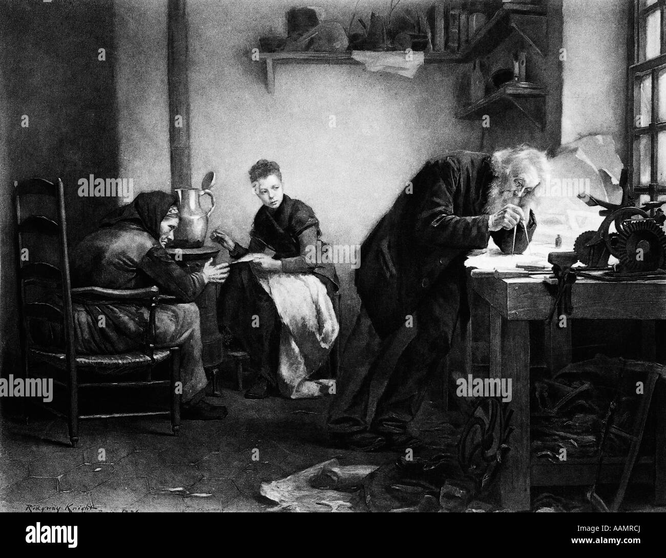 Immagine che mostra l'inventore da RIDGWAY KNIGHT vecchio uomo con coppia di bussole disegno lavorano su carte dalla luce della finestra Foto Stock