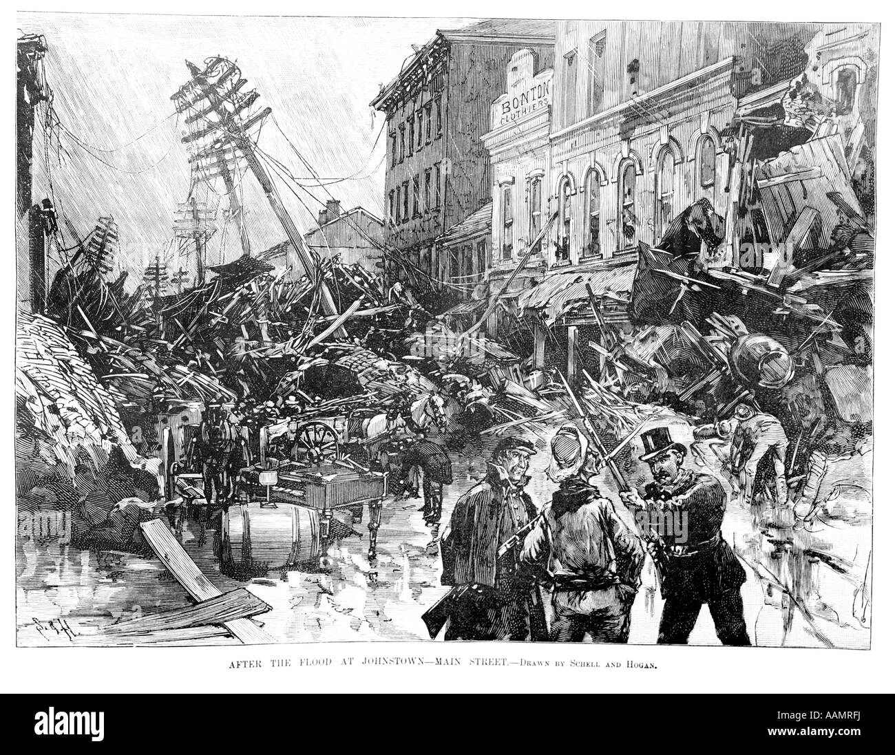 Illustrazione 31 MAGGIO 1889 due protezioni fermare l'uomo entri JOHNSTOWN PA MAIN STREET rovine dopo la catastrofe provocata dalle inondazioni Foto Stock