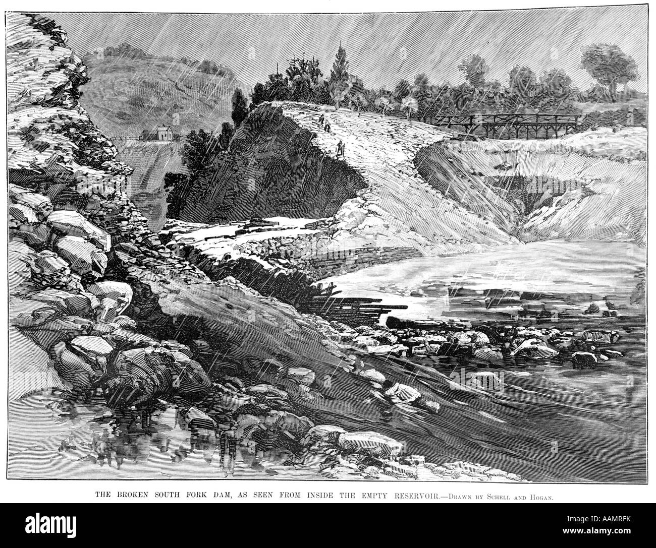 Illustrazione 31 maggio 1889 BURST diga di terracotta che ha causato l'JOHNSTOWN INONDAZIONE IN PENNSYLVANIA Foto Stock