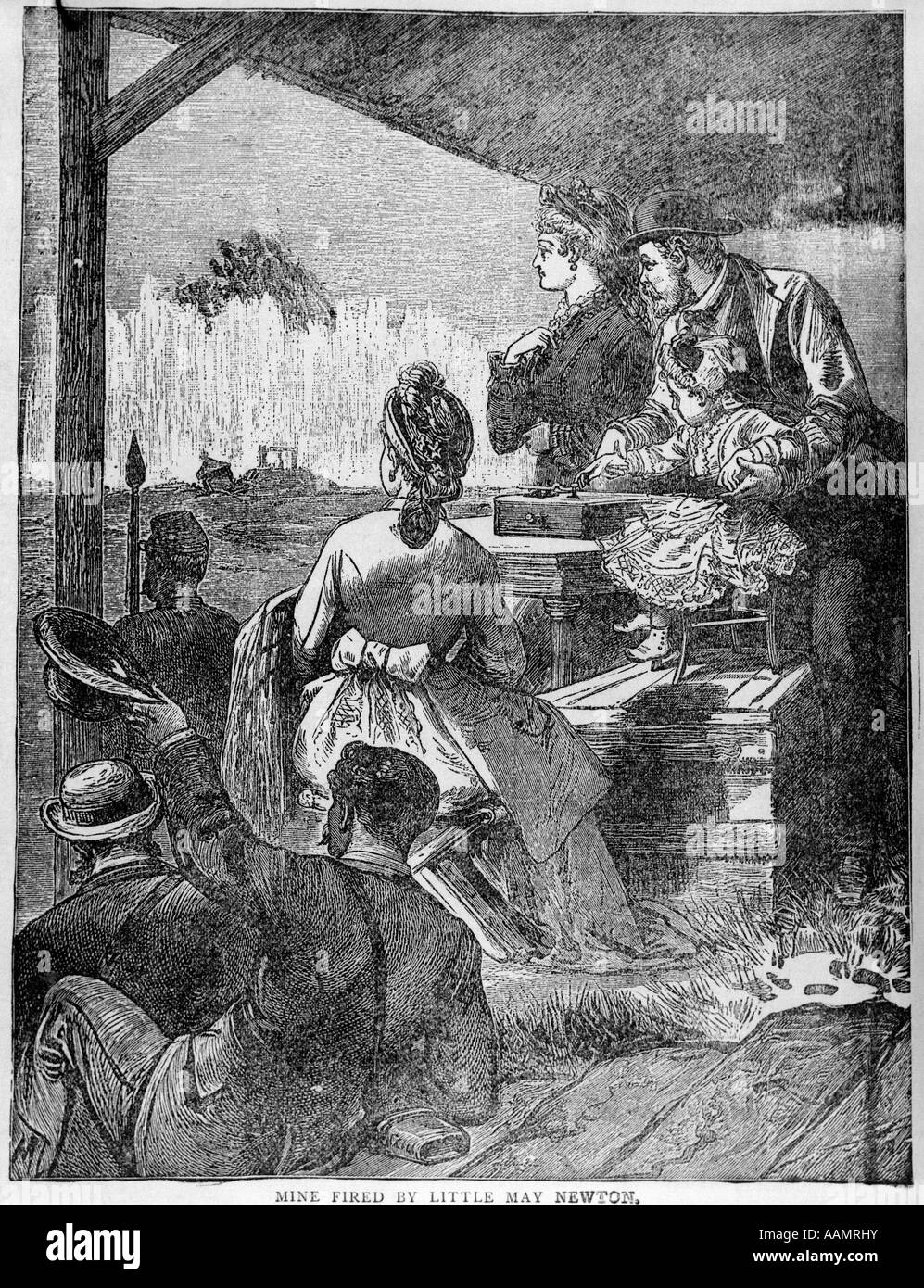 1800s illustrazione esplosione di mine sparato da poco possono NEWTON MINING COSTRUZIONE INDUSTRIALE Foto Stock