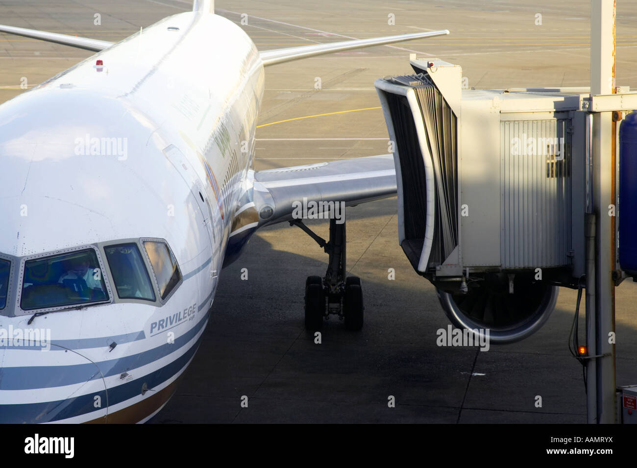 Close up skywalk passeggero avvicinando privilegio hola airlines boeing 757 256 viatges el corte ingles e RCD Espanyol Foto Stock