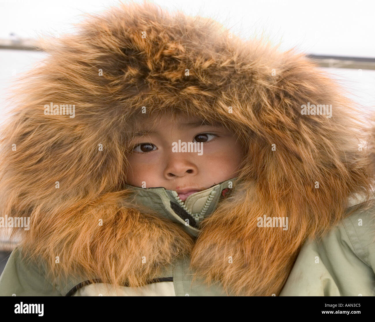 Richard Tokeinna un eschimese bambino indossa una volpe rossa pelliccia  shishmaref parka alaska Foto stock - Alamy