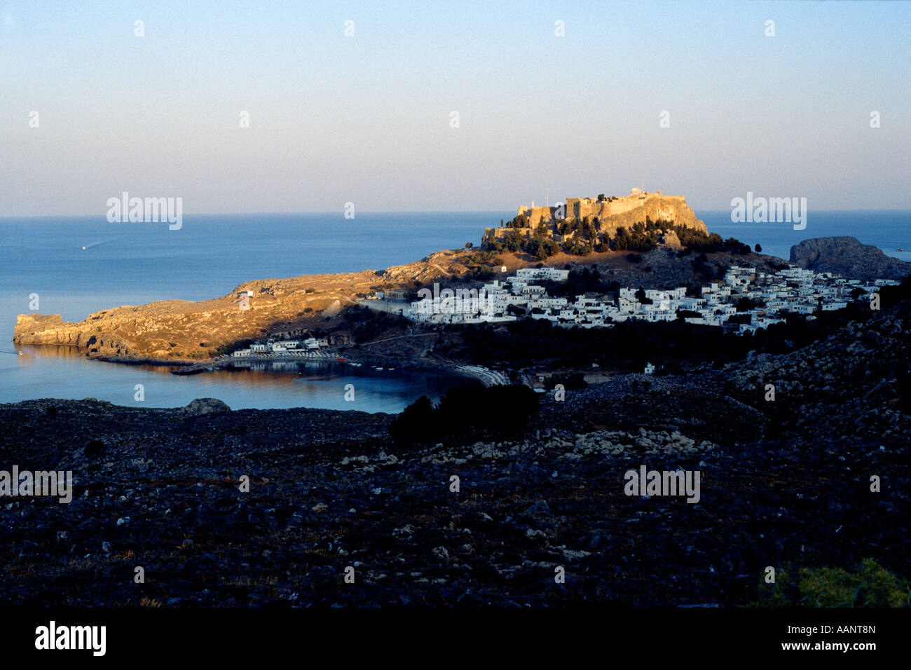 Lindos nella luce della sera, Rodi Foto Stock