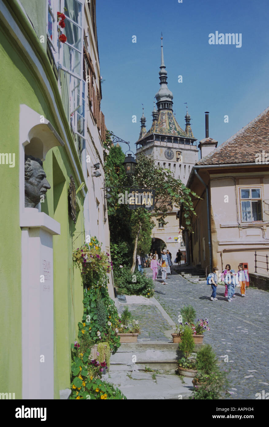 Guardando il centro storico medievale di Sighisoara Romania Foto Stock
