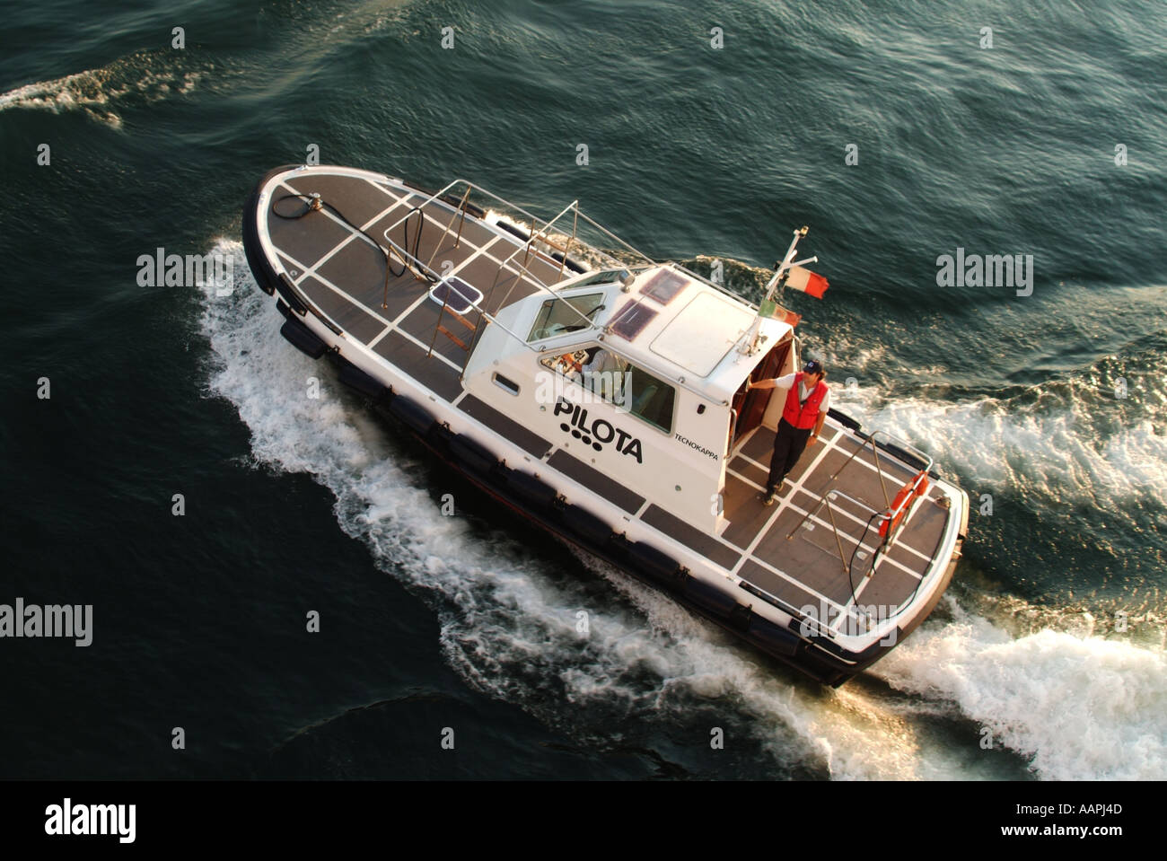 Palermo Sicilia dei piloti portuali lanciare a velocità dopo la raccolta pilota dalla nave Foto Stock