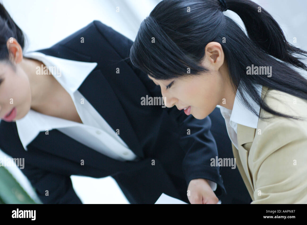 Due giovani imprenditrici avendo discussioni in ufficio, close-up Foto Stock