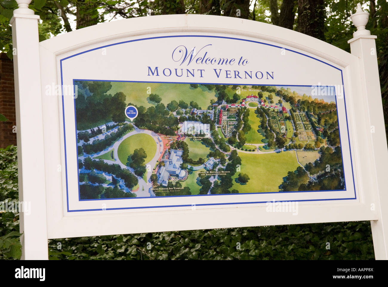 Benvenuto a Mount Vernon segno Washington DC. Home del primo Presidente George Washington Foto Stock