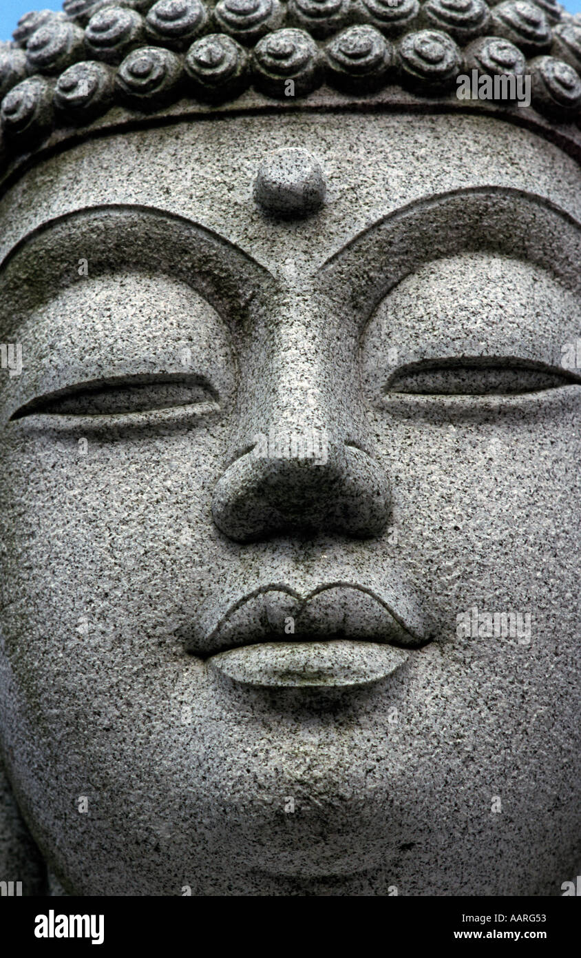 In prossimità della faccia del Grande Buddha di pietra Taima Tera temple gardens Prefettura di Nara in Giappone Foto Stock