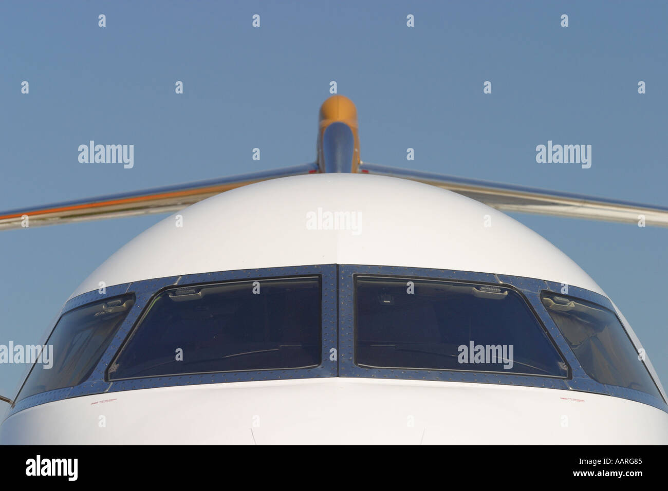 Jet commerciale aereo passeggeri naso uno che mostra la cabina di pilotaggio e testa di coda su Foto Stock