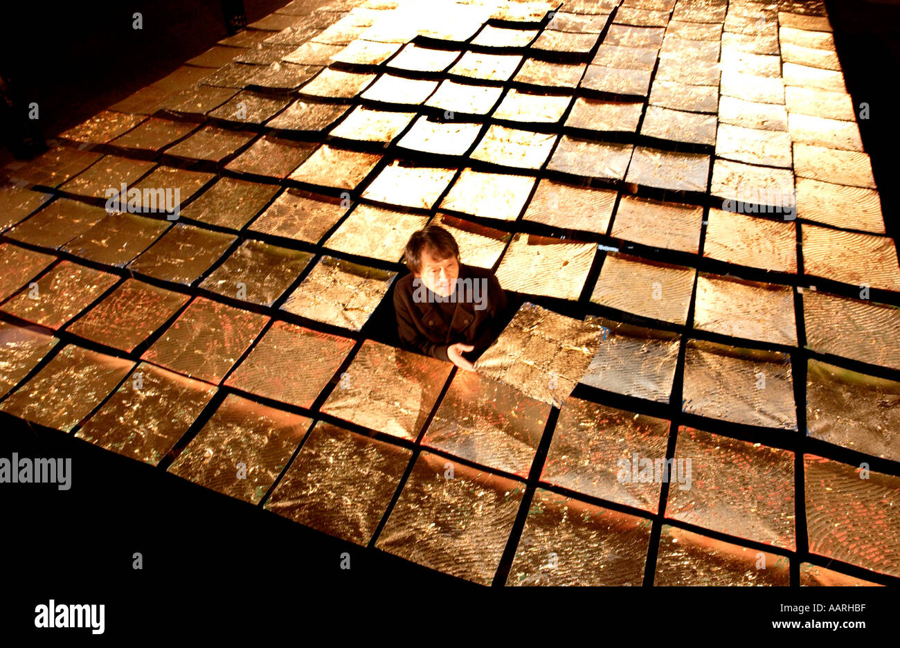 Pannelli d'oro glow in un arte di installazione mediante lo scultore giapponese Teruyoshi Yoshida Foto Stock
