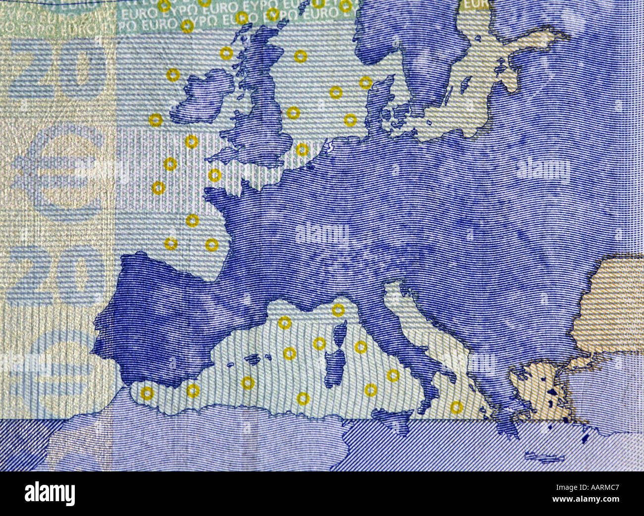 Mappa di Europa su 20 Euro nota Foto Stock