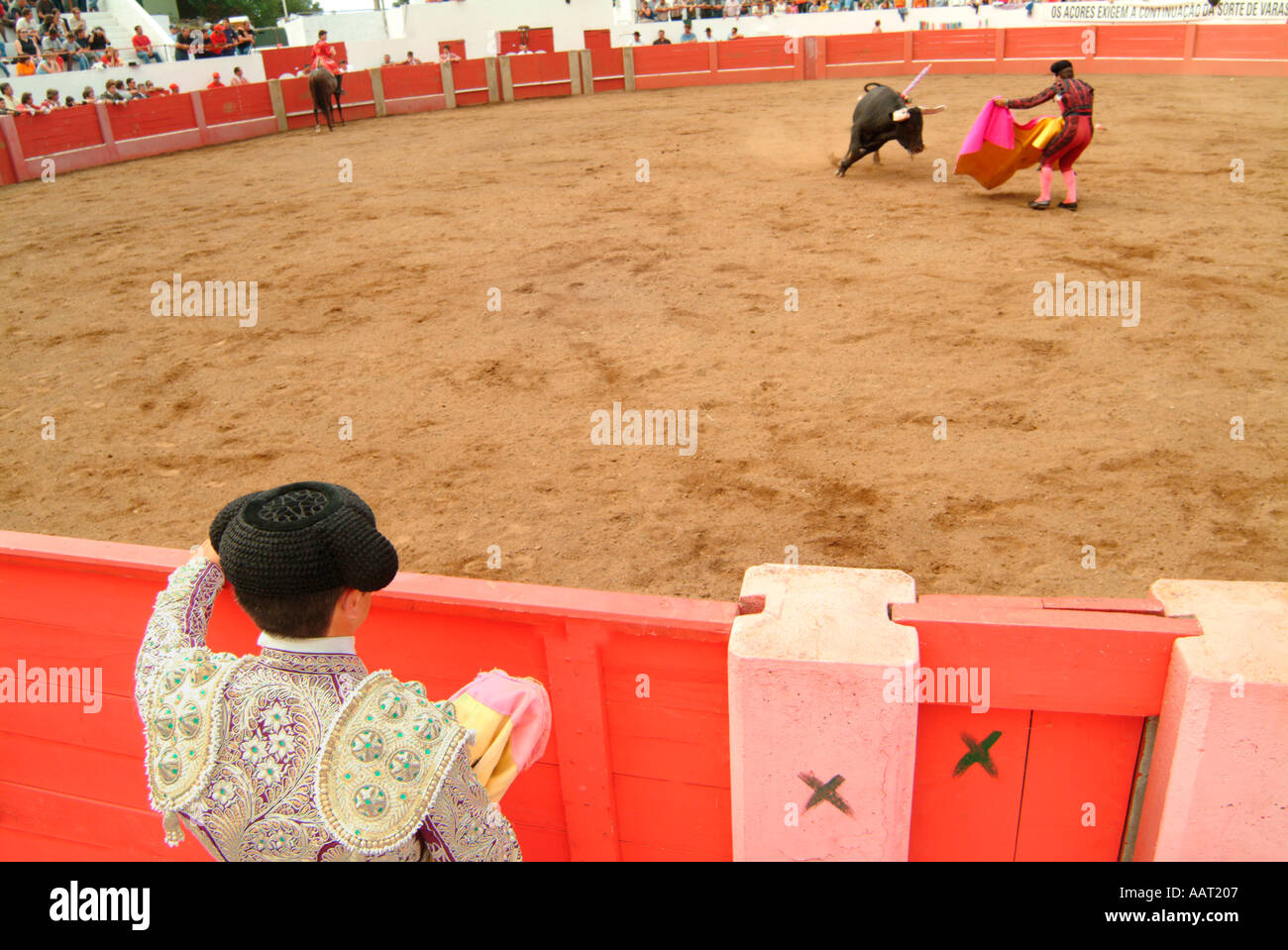 Un matador orologi un altro in una corrida in Portogallo. Questo è stato uno delle Azzorre sull isola di Graciosa. Foto Stock
