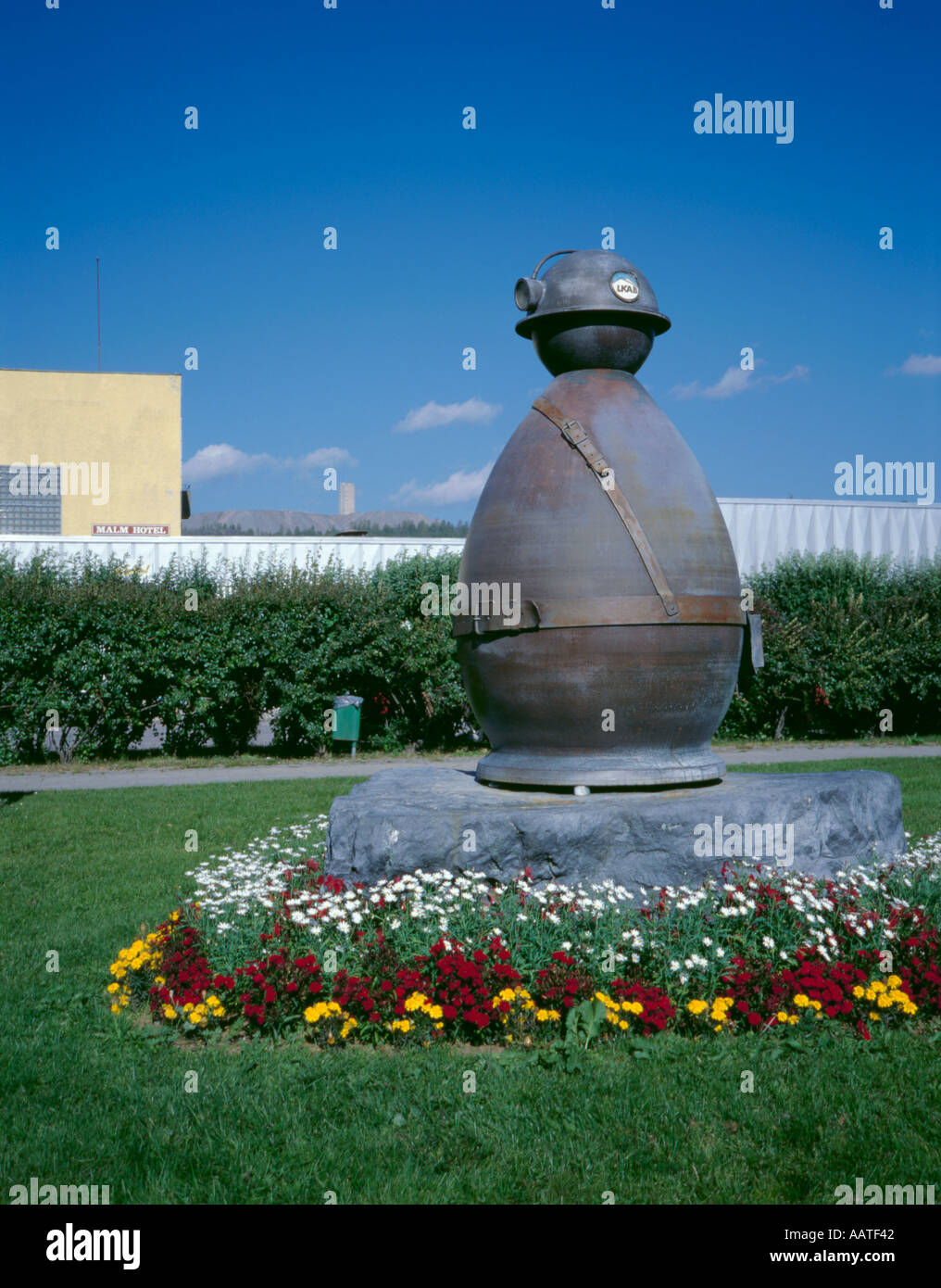 Statua / scultura per l'associazione della città con l'estrazione mineraria, Malmberget centrale ('ore montagna'), Lappand, Norrbottens Län, Svezia Foto Stock