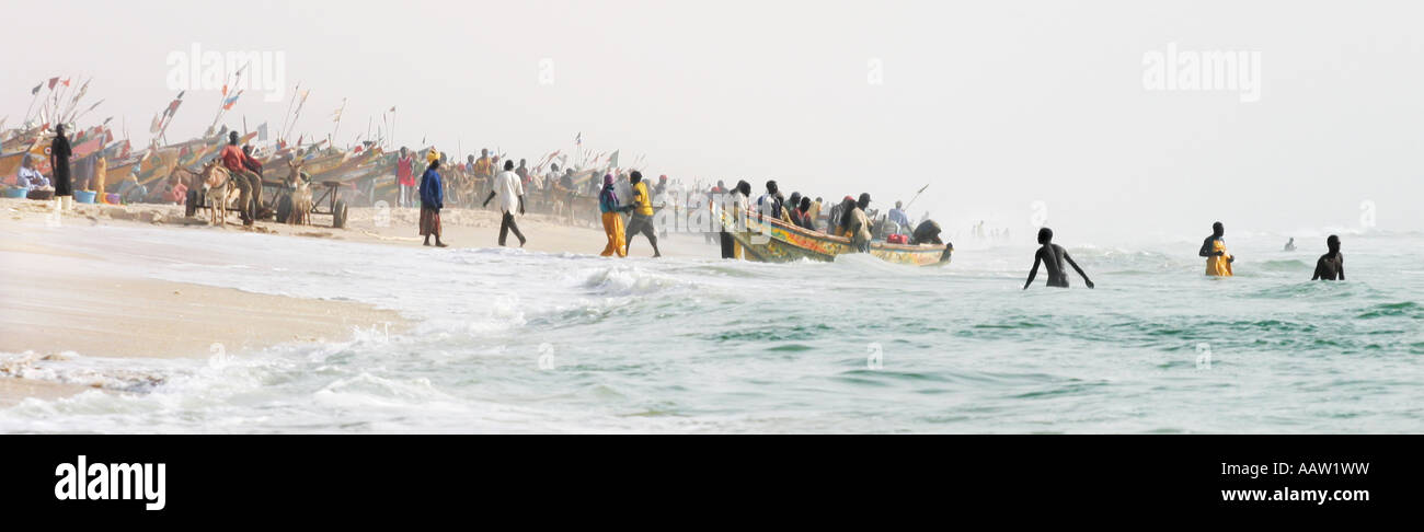 Piroghe sulla spiaggia dei pescatori al di fuori di Nouakchott, Mauritania, Africa occidentale. 12/10/05. Fotografo Phil Stephenson Foto Stock