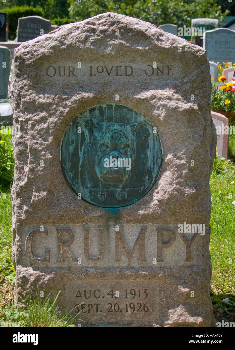 Pietra tombale per il cane scontroso all'Hartsdale cimitero di Pet in Hartsdale New York Foto Stock