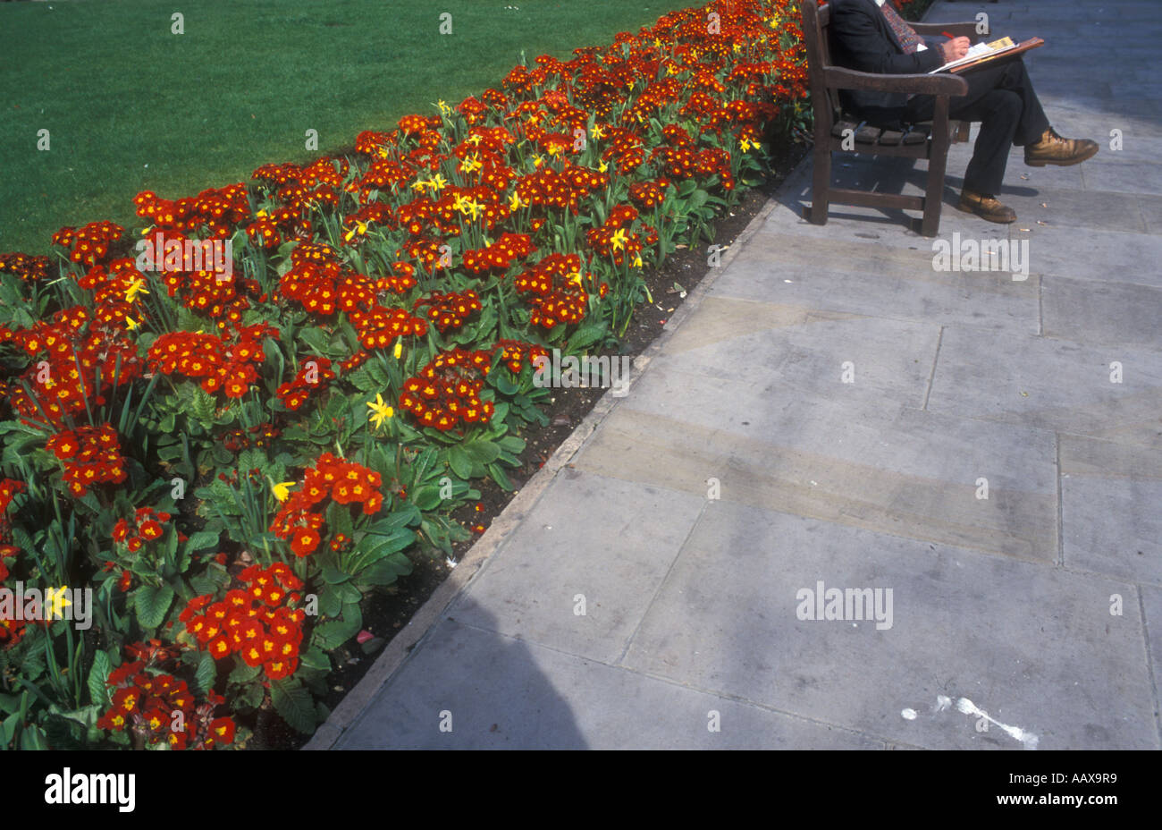 Uomo seduto su una panchina nel parco, City of London, Londra, Regno Unito Foto Stock