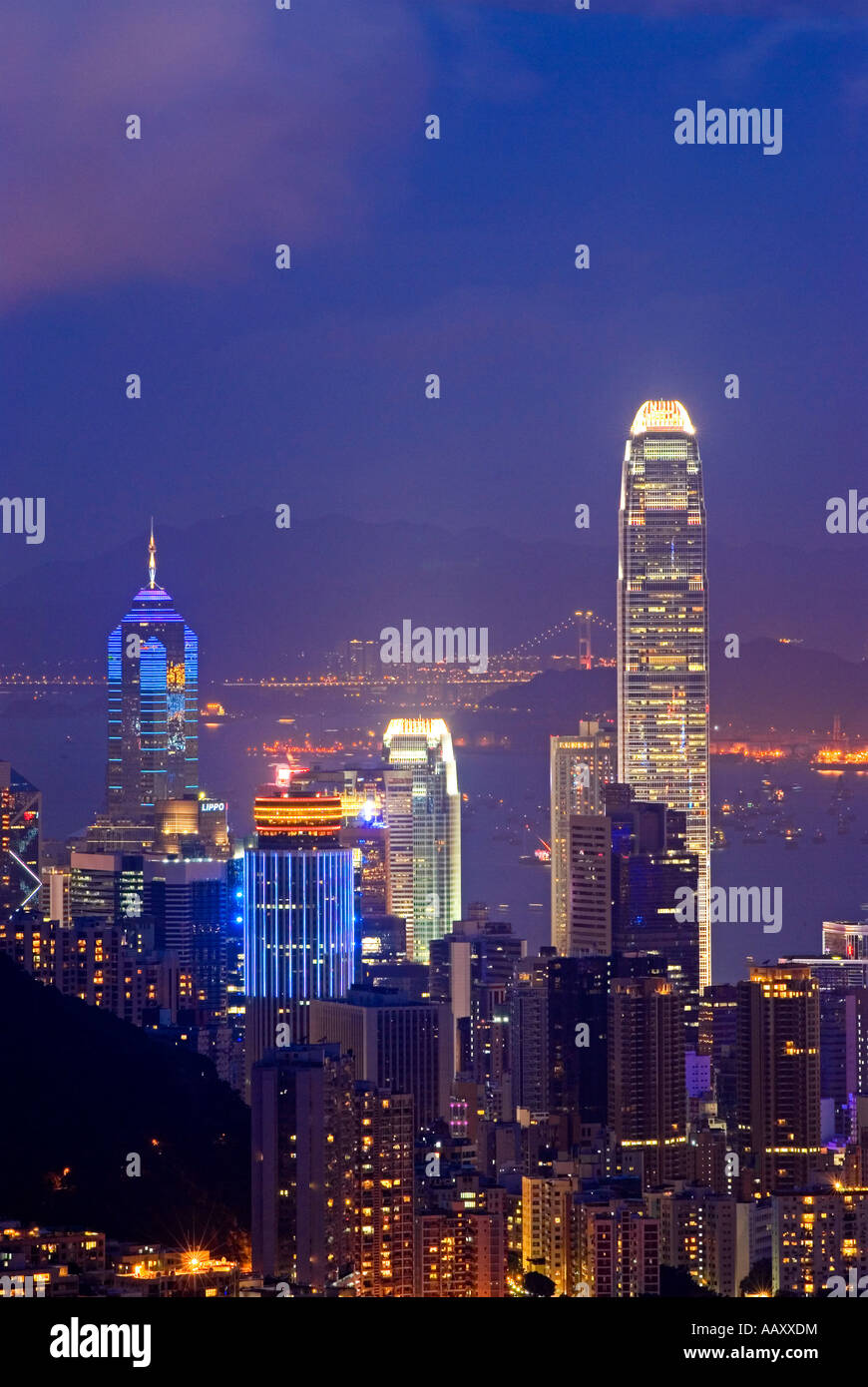 Skyline al tramonto di Hong Kong Cina Foto Stock