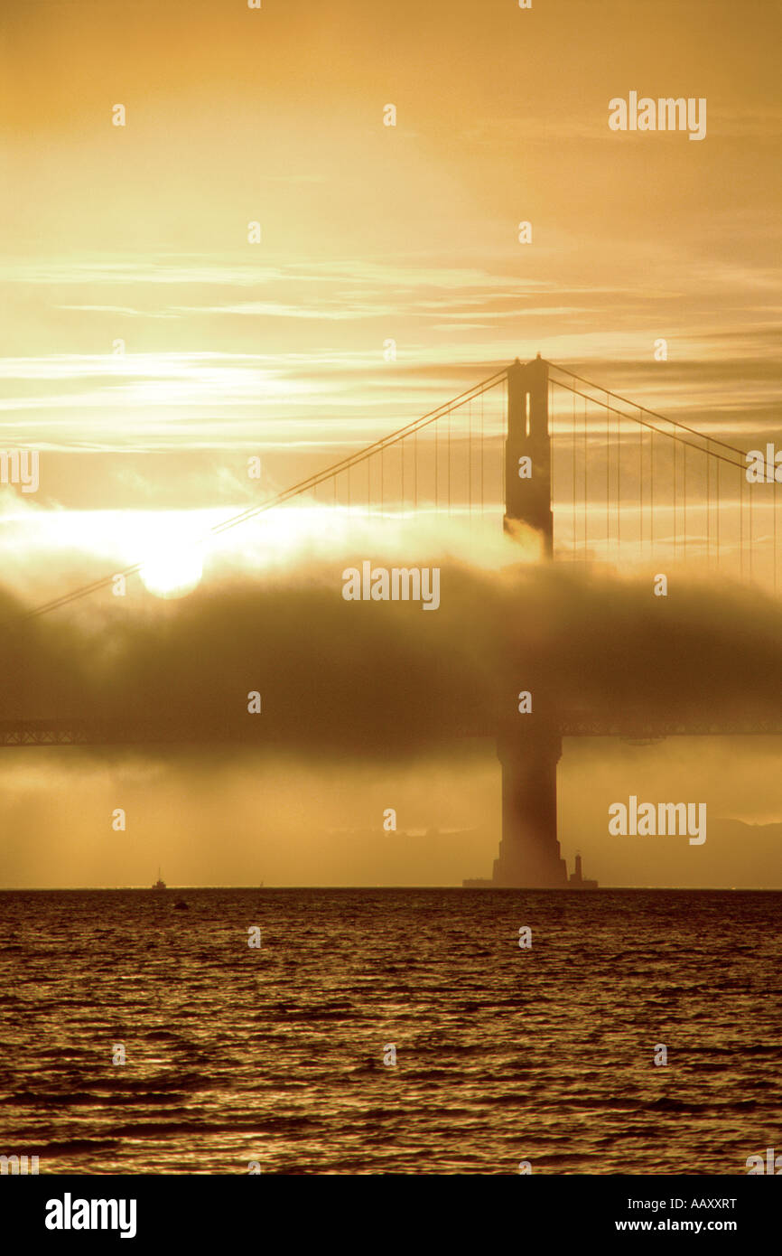 Ocean nebbia che copre il Golden Gate Bridge di San Francisco Bay tramonto verticale della California Foto Stock