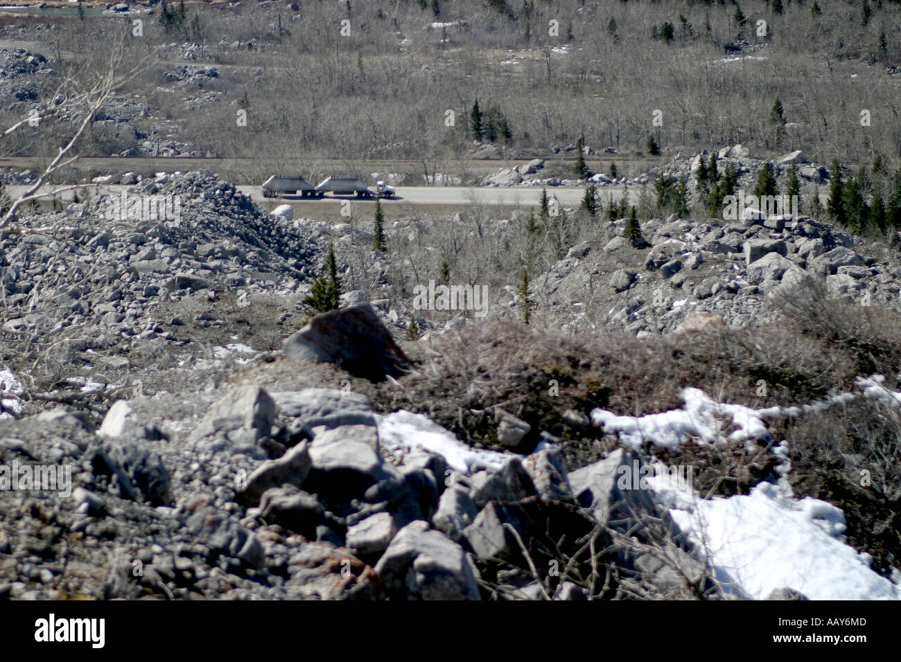 Diapositiva di roccia, Crowsnest Pass, Frank diapositiva, Turtle Mountain, Alberta, Canada, America del Nord. Foto Stock