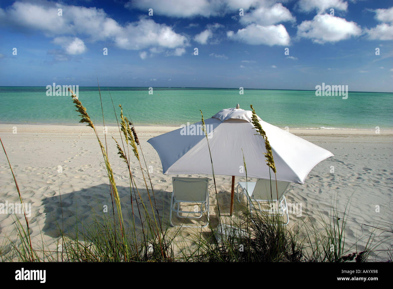 Un ombrellone presso il lussuoso Parrot Cay resort nelle Isole Turks e Caicos Foto Stock