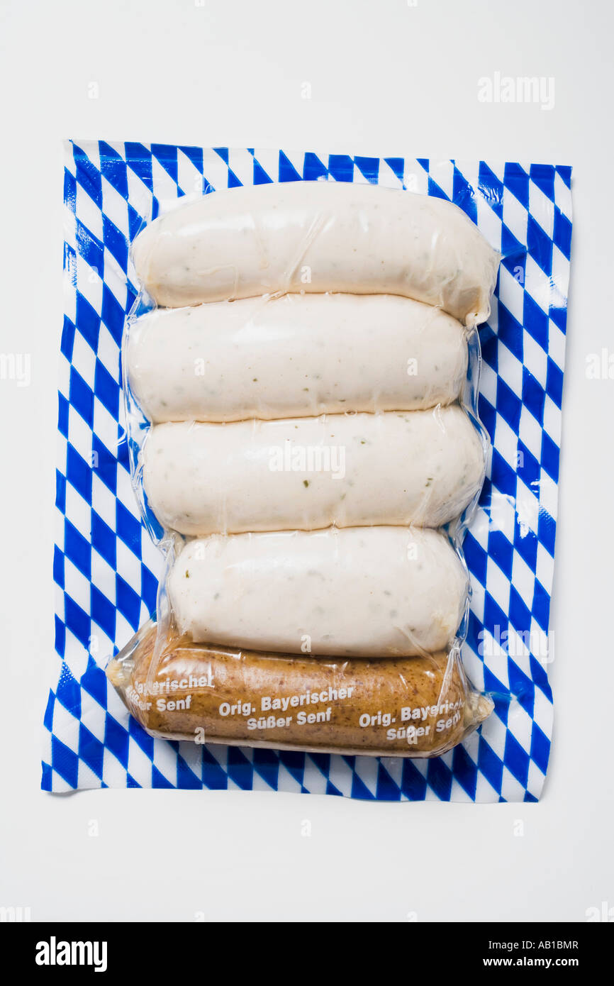 Weisswurst salsicce bianche in imballaggi con senape FoodCollection Foto Stock