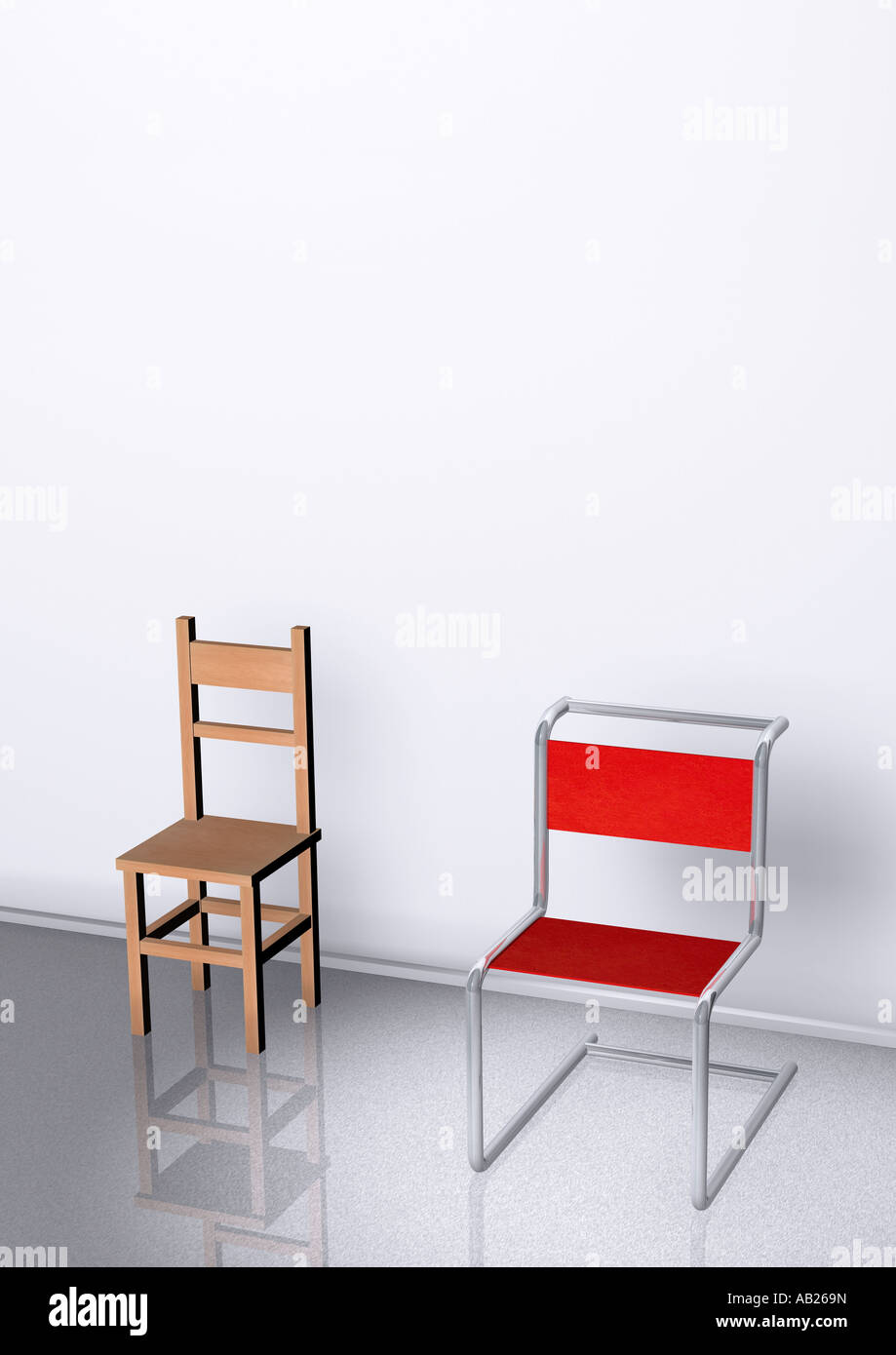2 tipi di sedie semplice e confortevole 2 Arten Stühle nebeneinander einfach und bequem Foto Stock