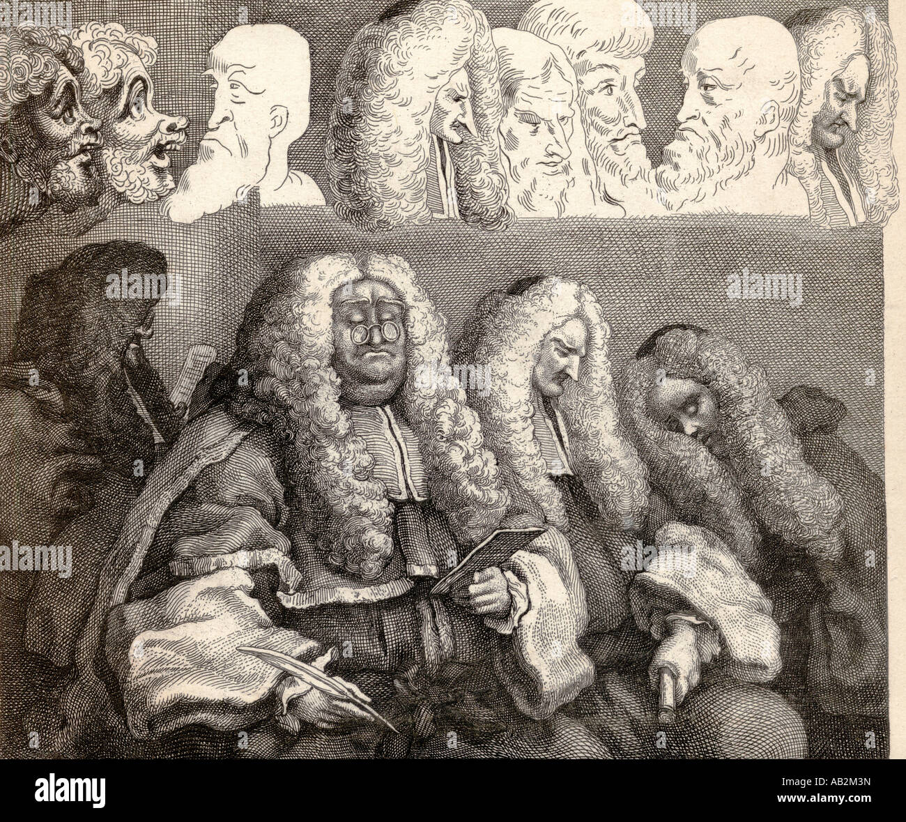 Il banco. Un facsimile dell'incisione di Hogarth, che ha voluto mostrare la differenza tra carattere e caricatura. Foto Stock