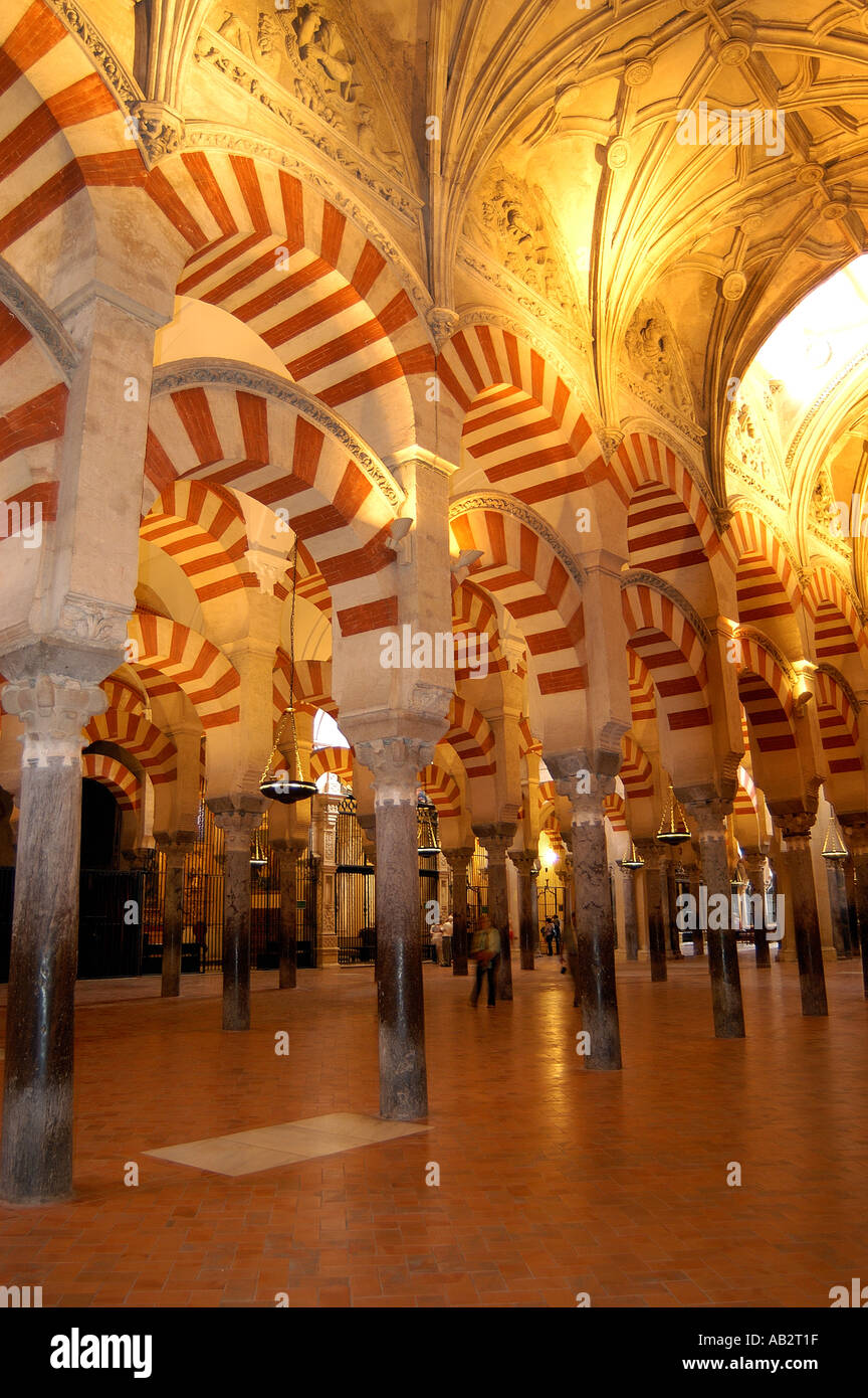 Le colonne e gli archi dell'interno della Mezquita Cordoba Spagna Foto Stock