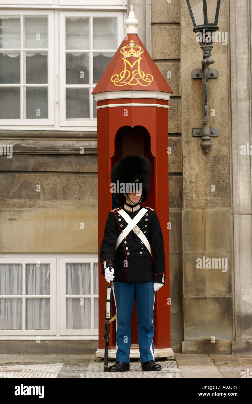 Una guardia reale sul dovere al di fuori di Amalienborg a Copenaghen in Danimarca. Amalienborg è la residenza invernale della famiglia reale danese. Foto Stock