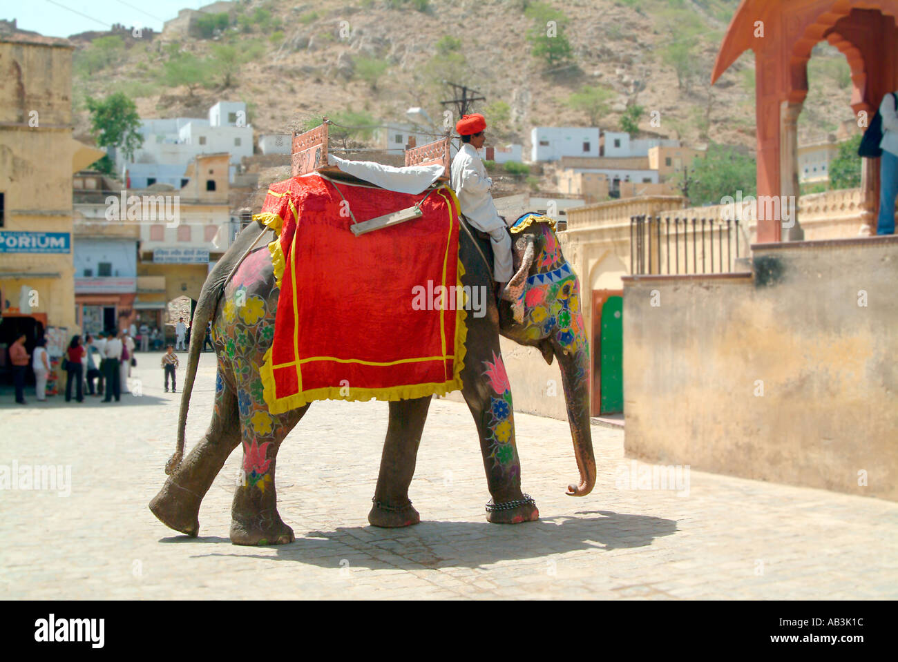 Uomo seduto su un elefante a Amber fort Jaipur India Rajasthan Foto Stock