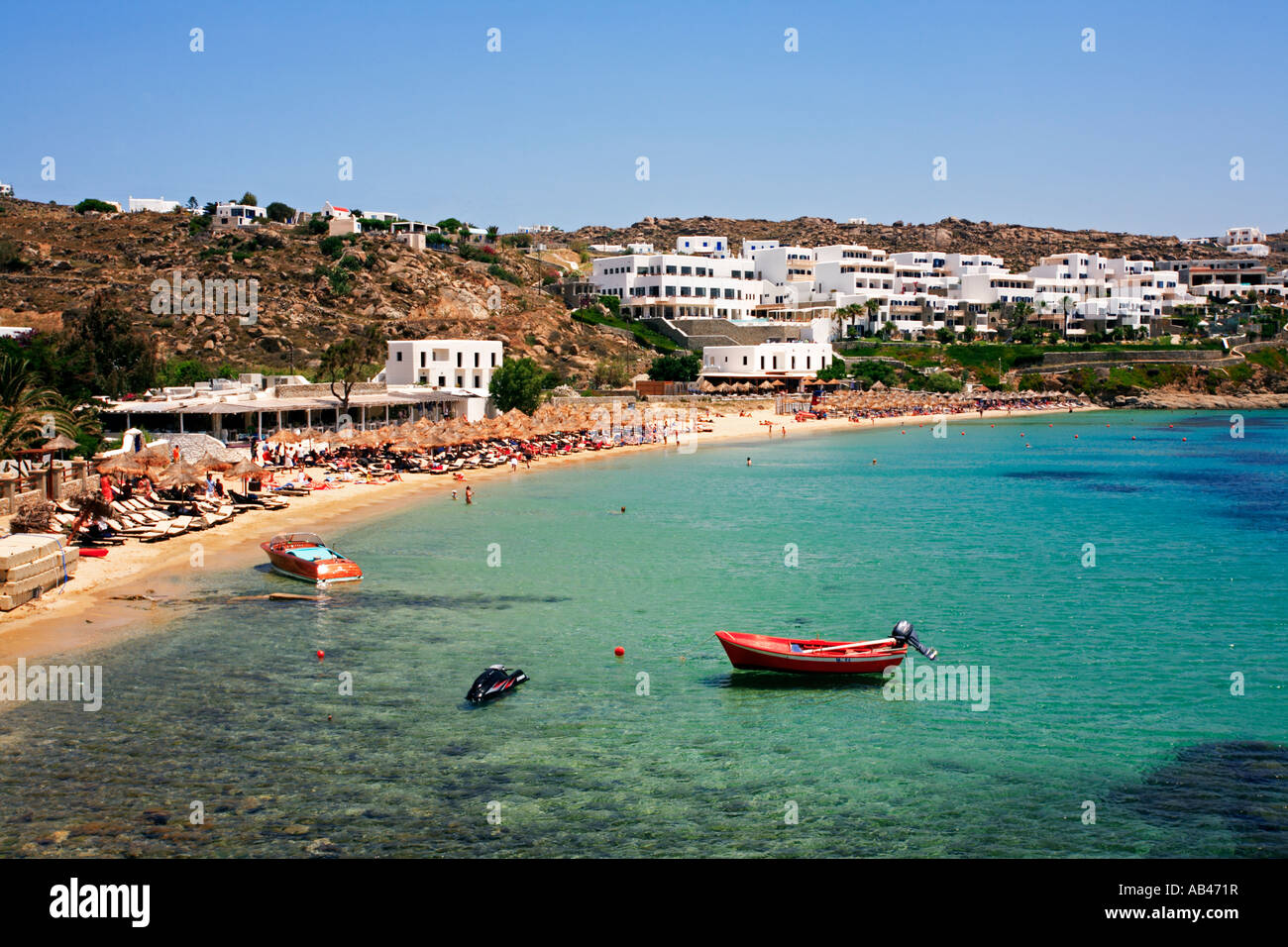 Super Paradise Beach Mykonos Grecia Foto Stock