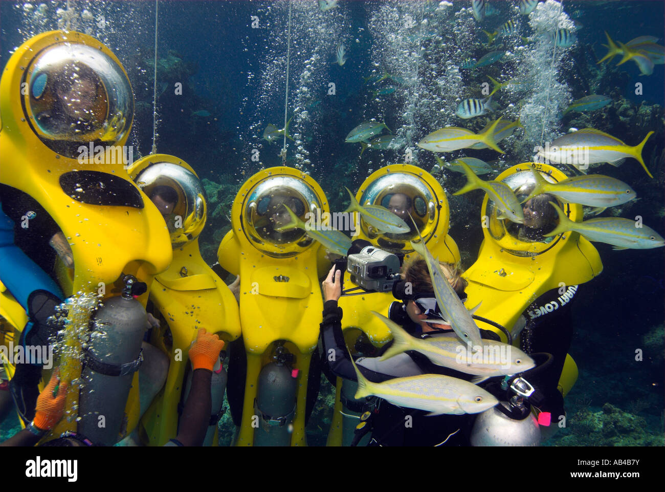 Gruppo di sottomarini giallo e scuba diver Stuart Cove s Dive Nassau Paradise Island Bahamas Foto Stock