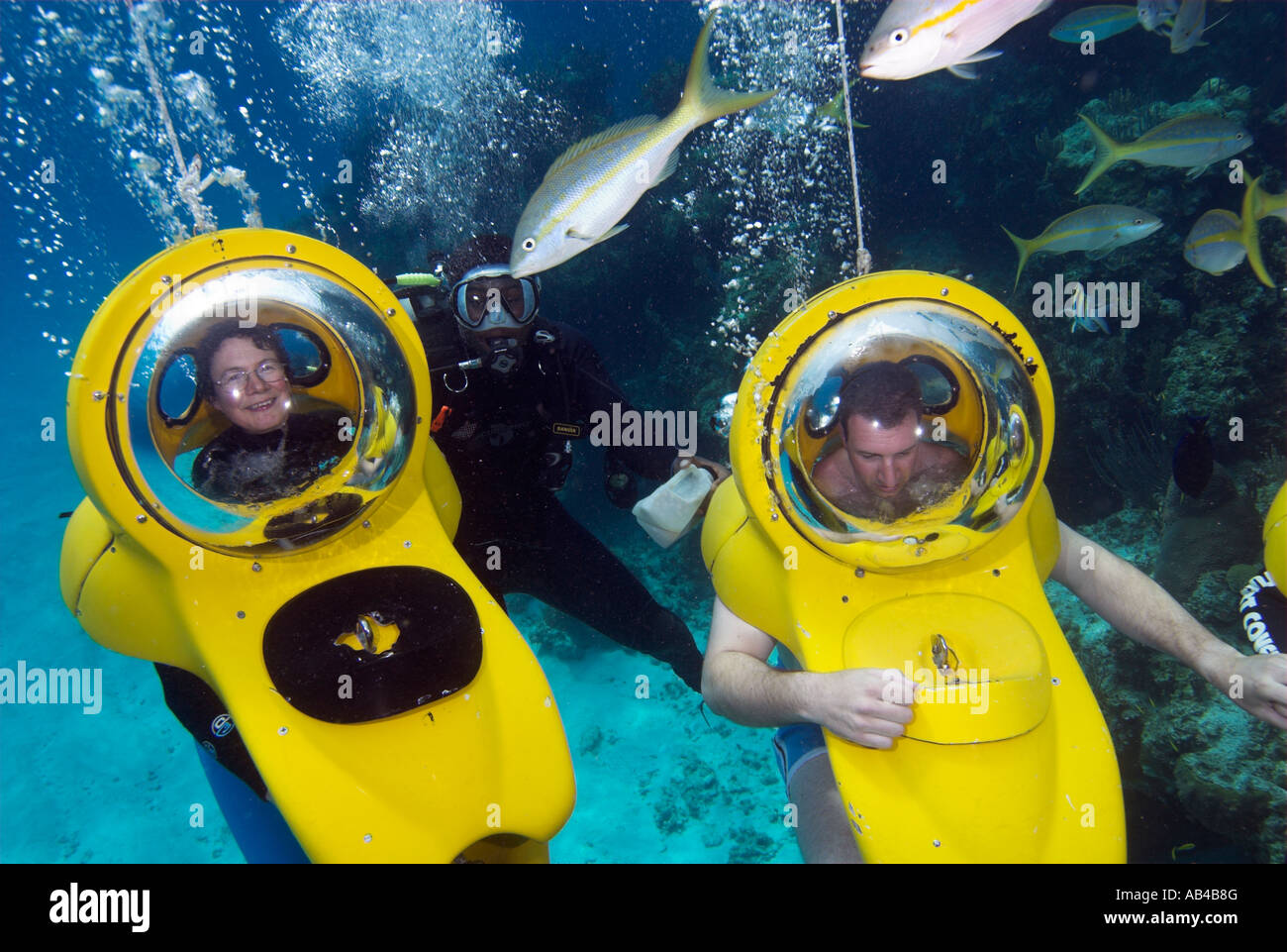 Due sommergibili giallo e scuba diver Stuart Cove s Dive Nassau Paradise Island Bahamas Foto Stock