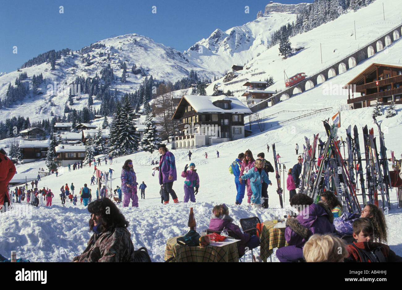 La Svizzera Mürren, Berner Oberland, regione di Jungfrau, sci, mountain raylway Foto Stock