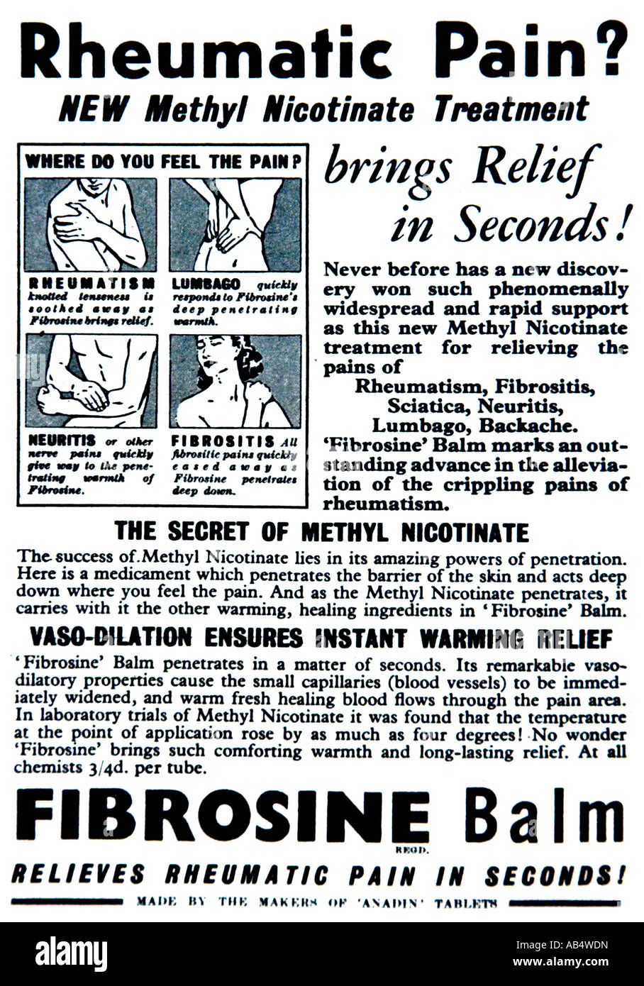 Annuncio rivista per il nicotinato di metile Fibrosine Balsamo dicembre 1954 per solo uso editoriale Foto Stock