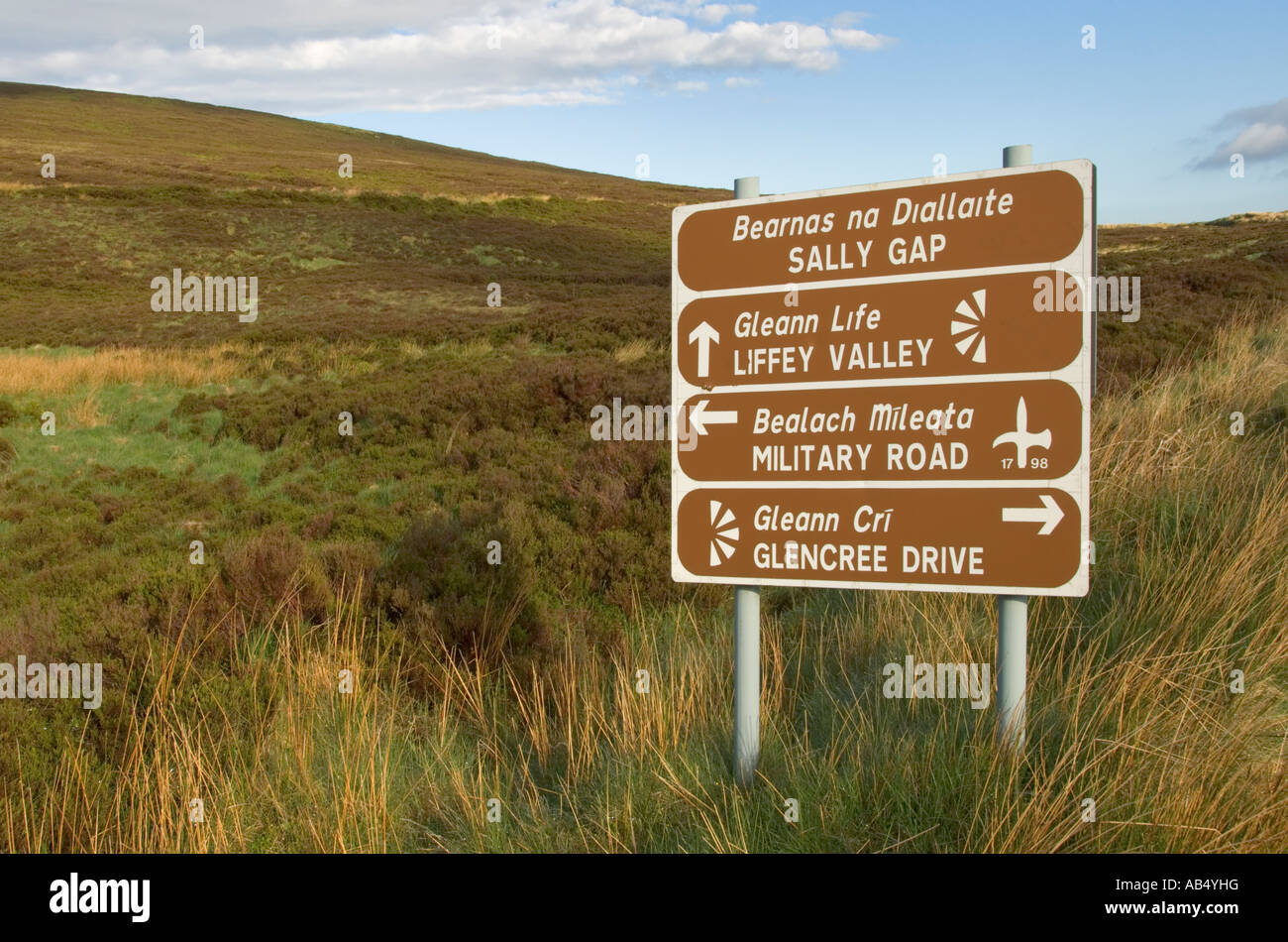 L'Irlanda County Wicklow Mountains Sally Gap cartello stradale in gaelico irlandese e inglese Foto Stock