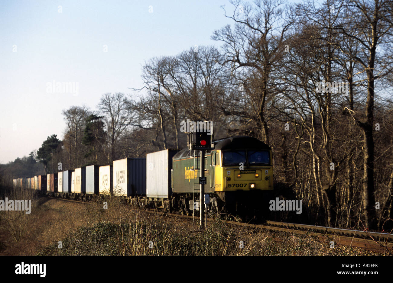 Freightliner treno merci sulla singola traccia la linea di diramazione tra Ipswich e il porto di Felixstowe, Suffolk, Regno Unito. Foto Stock