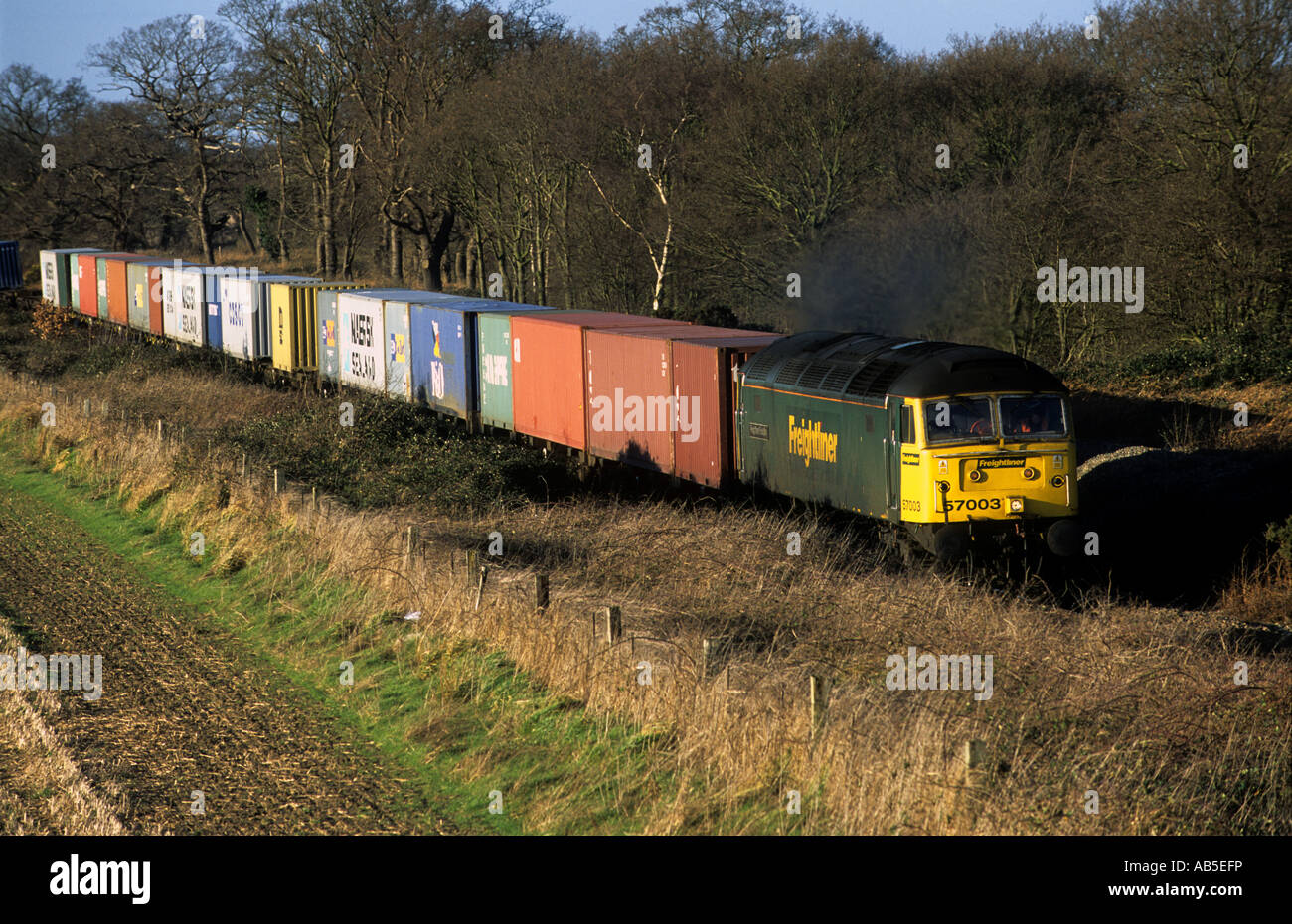 Freightliner treno merci sulla singola traccia la linea di diramazione tra Ipswich e il porto di Felixstowe, Suffolk, Regno Unito. Foto Stock