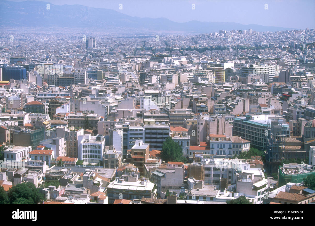 Una veduta panoramica di Atene dall'Acropoli di Atene, Grecia. Foto Stock