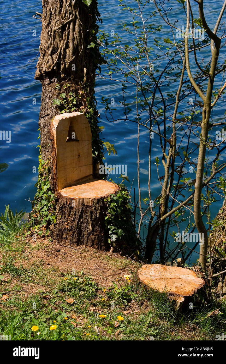 Uno sgabello scolpito da un ancora in piedi tronco di albero in prossimità  di un lago, lago di Bled Slovenia Foto stock - Alamy