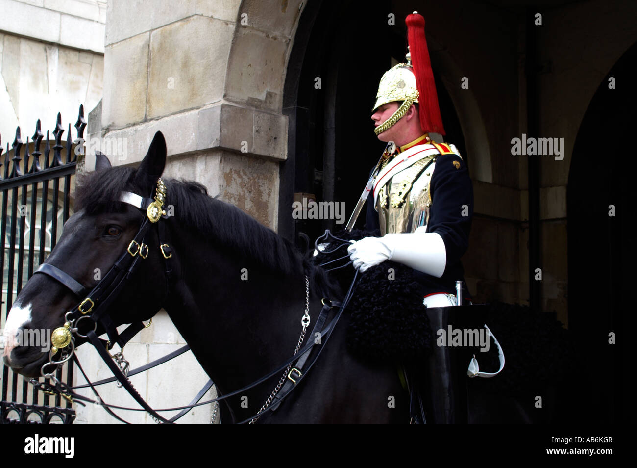 Montato soldato del Blues e Royals in uniforme cerimoniale Foto Stock
