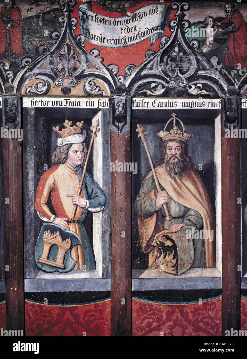 Belle arti, affresco, Hector di Troy ans imperatore Carlo Magno, dipinto da Peter von Kaltenhoff, 1467, Guild Hall, Weaver House di Augsburg, Museo Nazionale Bavarese di Monaco di Baviera , artista del diritto d'autore non deve essere cancellata Foto Stock