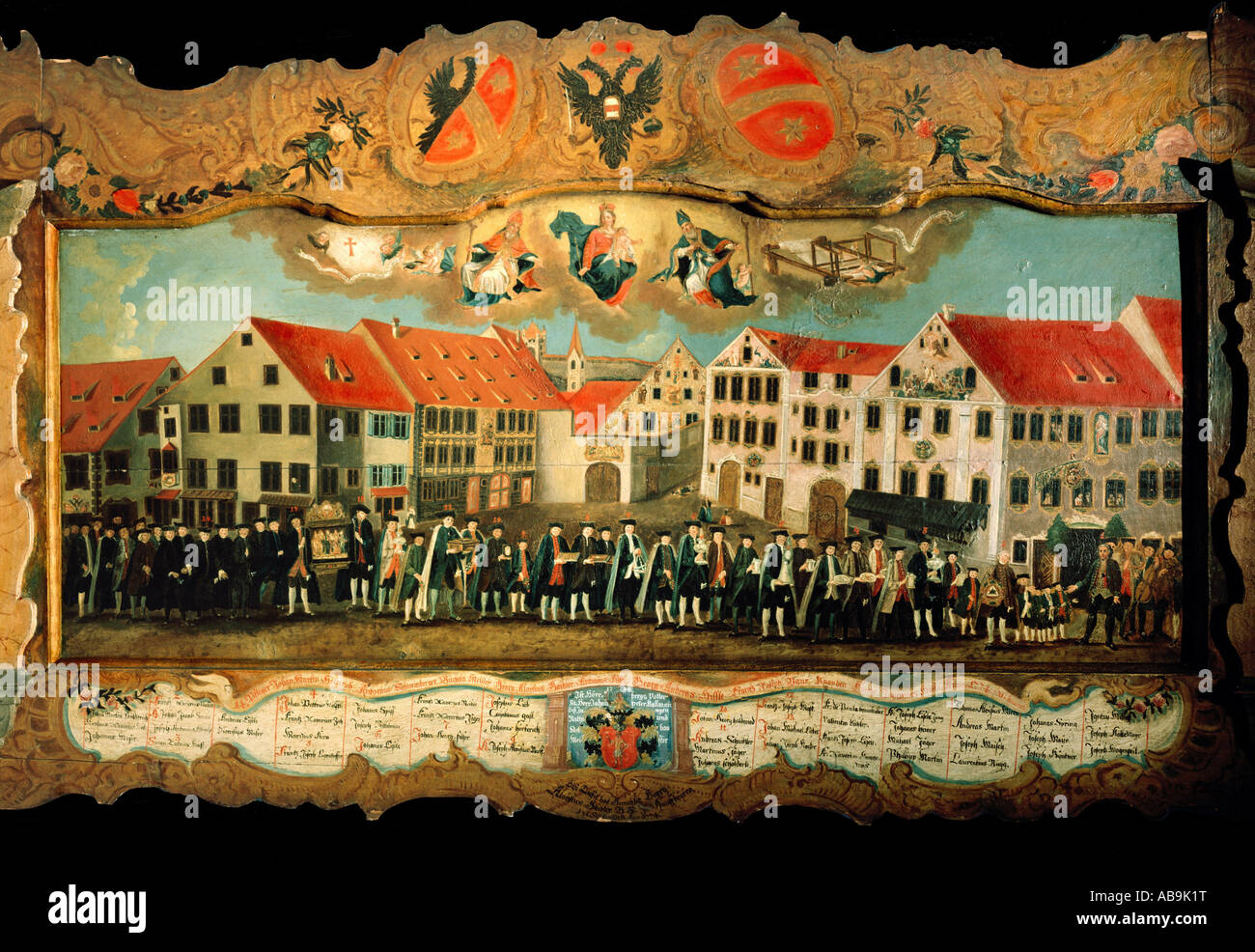 Artigianato, corporazioni, corteo dei tessitori cattolici al loro nuovo ospizio 'drei Rosen', Kaufbeuren, 1747, pittura, olio su legno, 1784, Museo Kaufbeuren, , Foto Stock