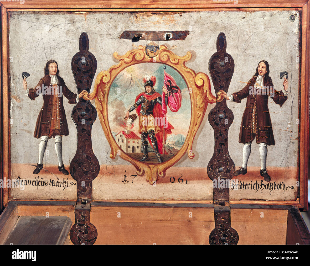 Artigianato, gilde, maestri di giocolieri Franciscus Märtzi e Friedrich Holzboth con San Floriano, pittura, all'interno di un tronco, Germania meridionale, 1706, Foto Stock