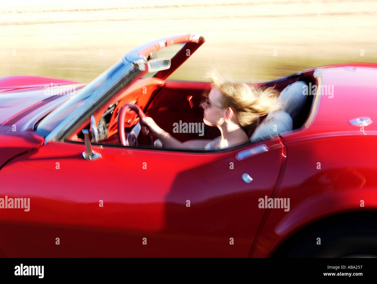Ragazza bionda la guida rossa Corvette Convertibile Foto Stock