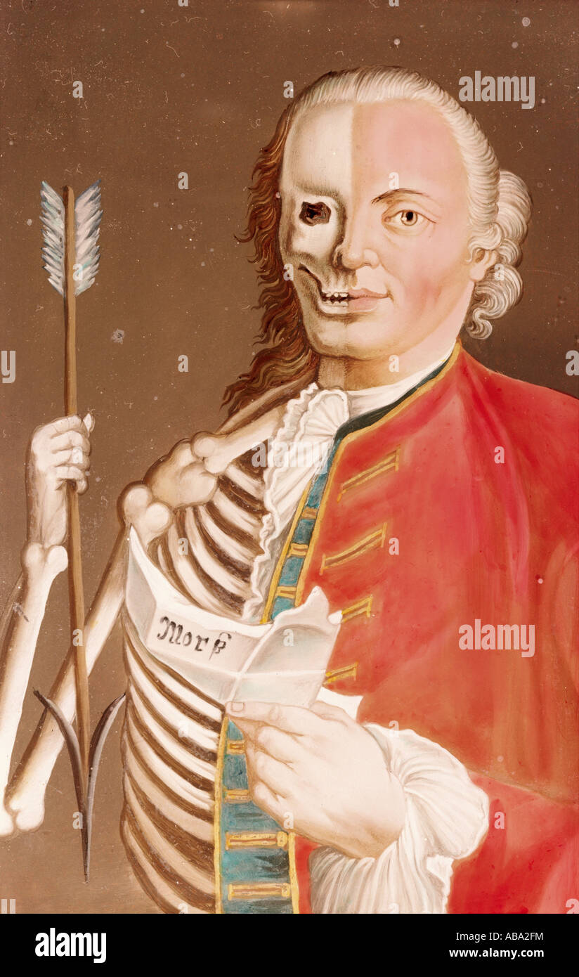 Morte, ricordo mori, mezzo uomo, mezzo scheletro, pittura di vetro, Murnau, fine 18th secolo, Museo Rosenheim, freccia, belle arti, Baviera, Germania, storico, storico, persone, Foto Stock