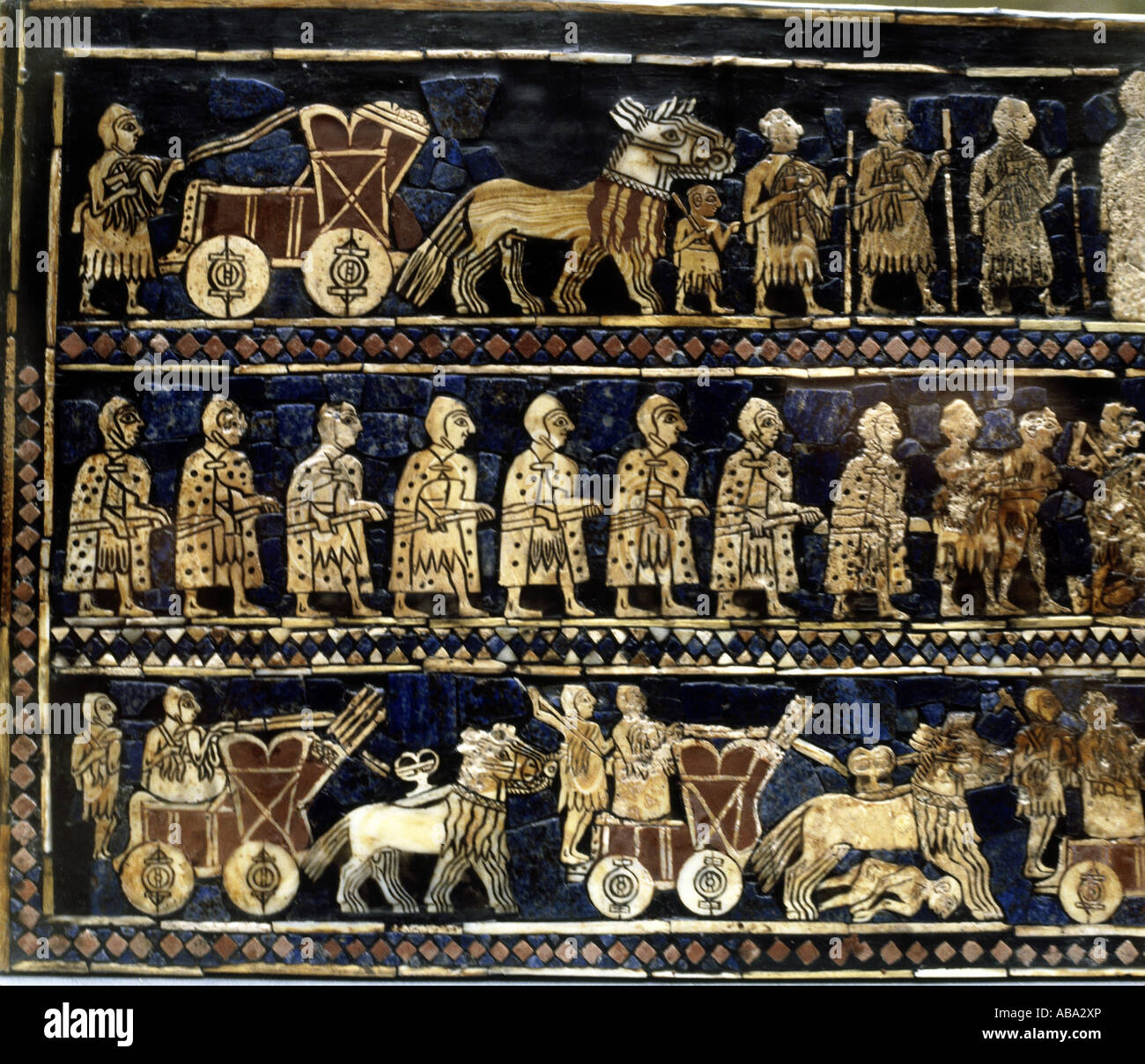 Mondo antico, Mesopotamia, Sumer, mosaico, Standard di Ur, lato sinistro, 'lato guerra', tomba reale 779, periodo dinastico precoce, 2850 - 2350 AC, British Museum, Londra, , Foto Stock